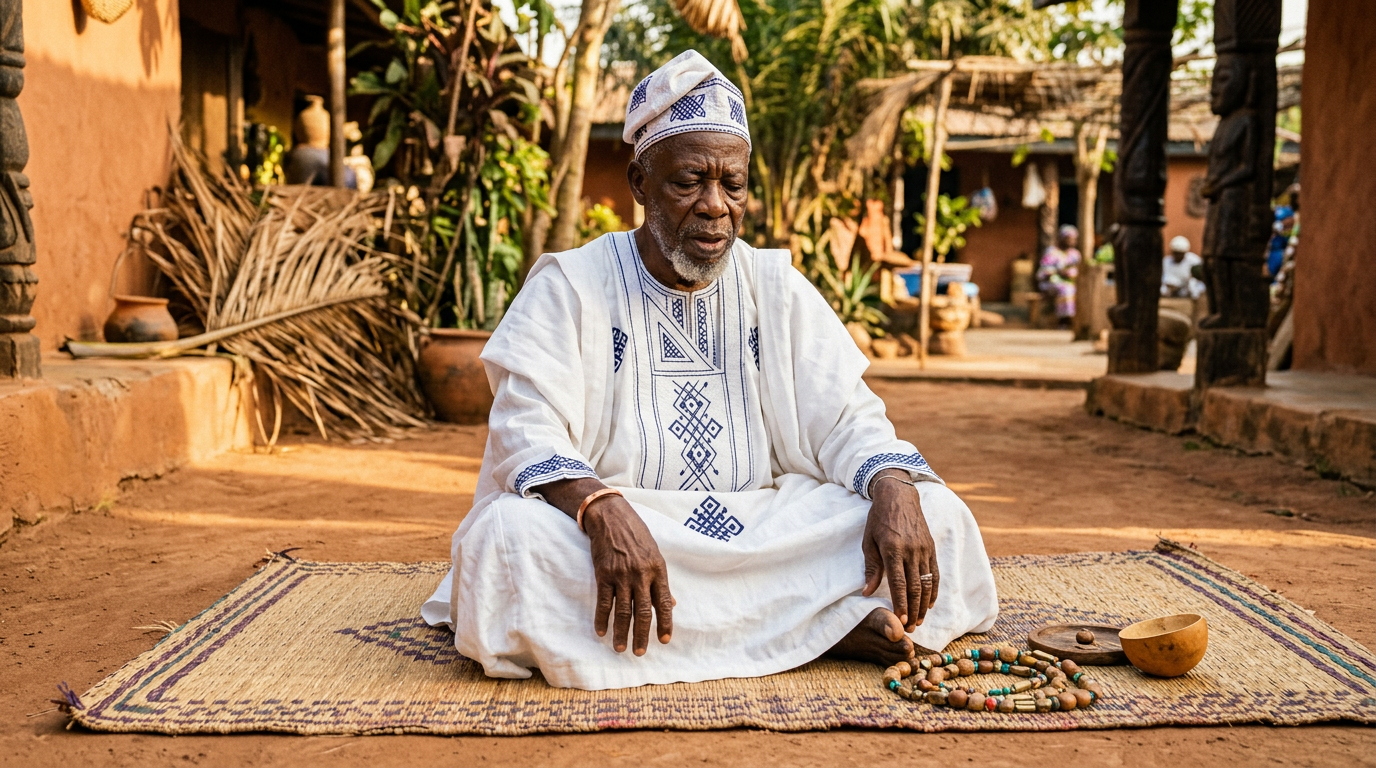 Babaláwo in white agbada seated on a woven mat with an opele divining chain beside him.