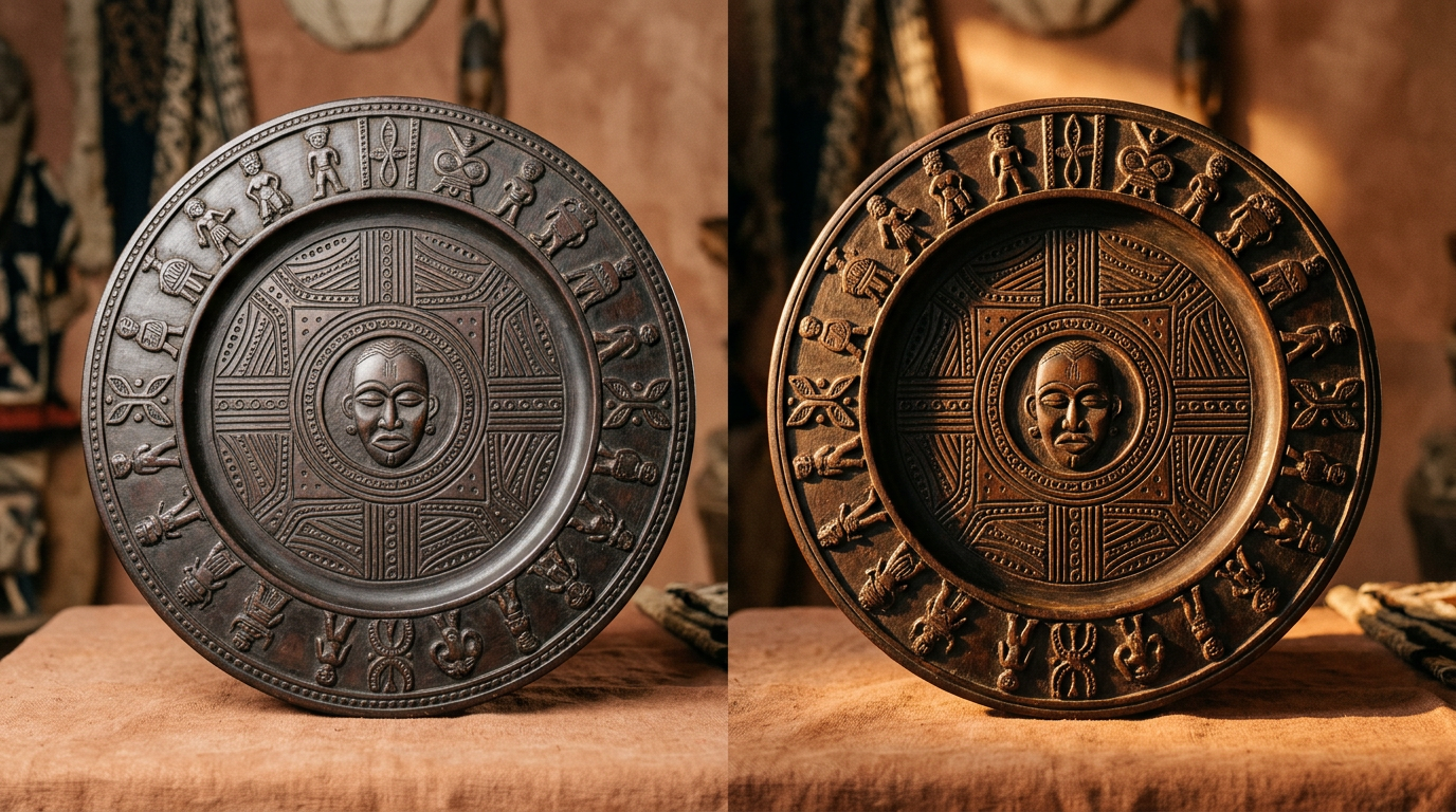Two Opon Ifá divination trays shown side by side under different lighting, revealing hidden carved details.