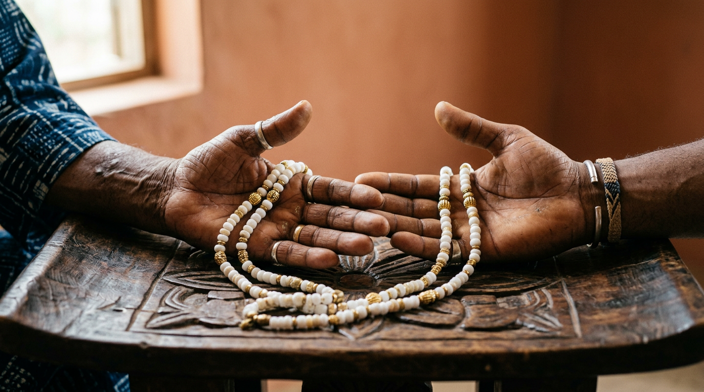Elder and younger hands side by side holding white and gold Yoruba beads on carved wood.