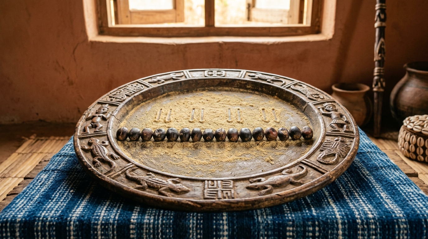 Opon Ifá tray with ikin palm nuts and eight single marks traced in iyerosun powder on indigo cloth.