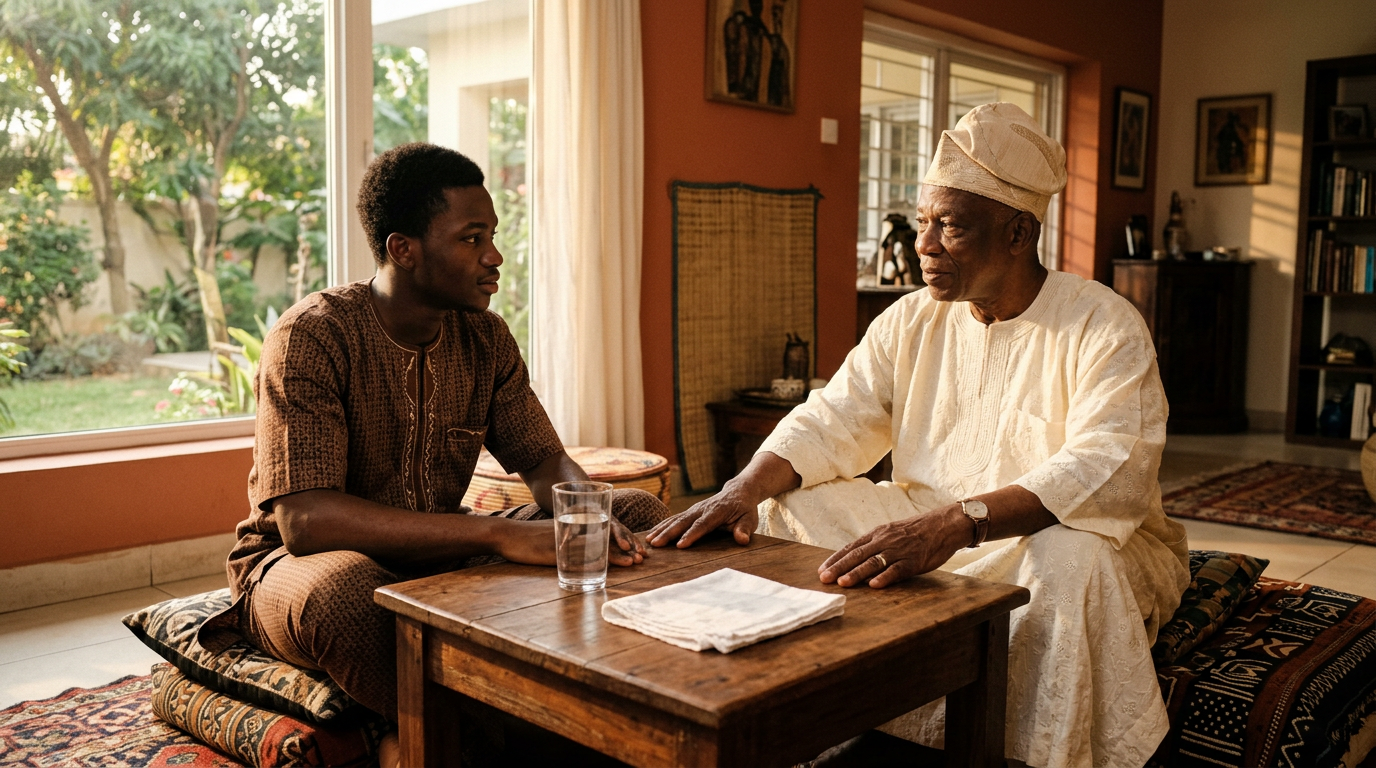 A younger person and an elder in white agbada seated at a low table with a glass of water between them.