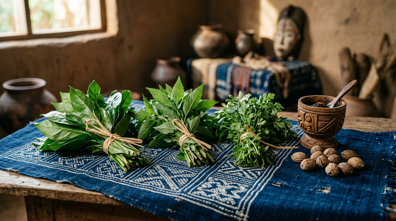 Three bundles of ritual herbs on woven indigo cloth beside a carved wooden vessel and ikin palm nuts.