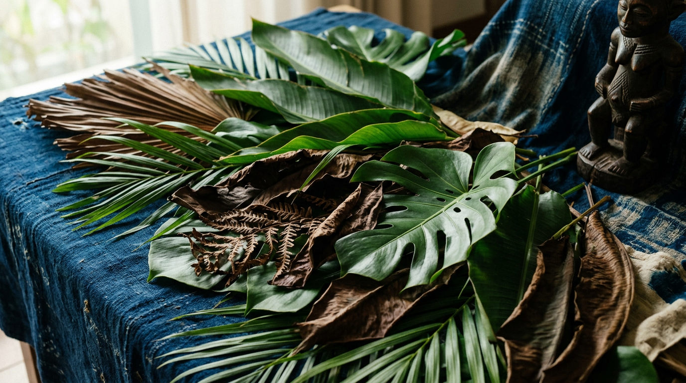 Fresh and dried tropical leaves arranged on indigo woven cloth beside a small carved figure.