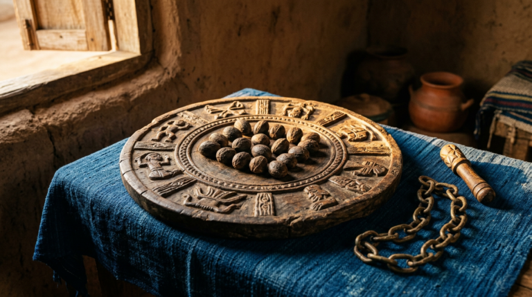 Opon Ifá tray with ikin palm nuts and opele chain on indigo cloth in warm natural light.