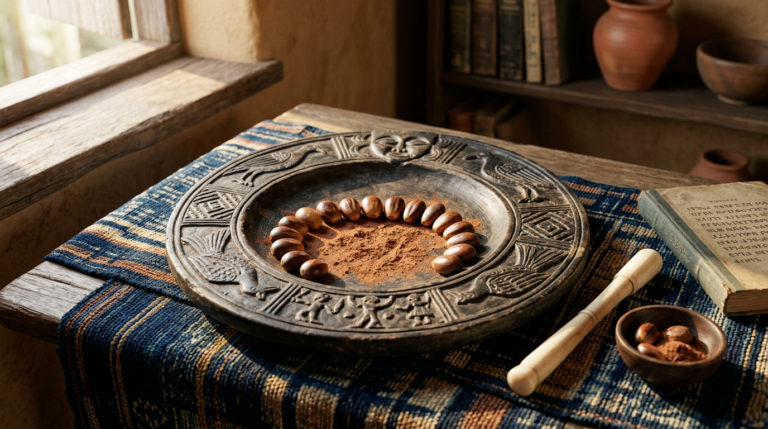 Carved wooden Opon Ifá tray with ikin palm nuts arranged in an arc on indigo cloth.