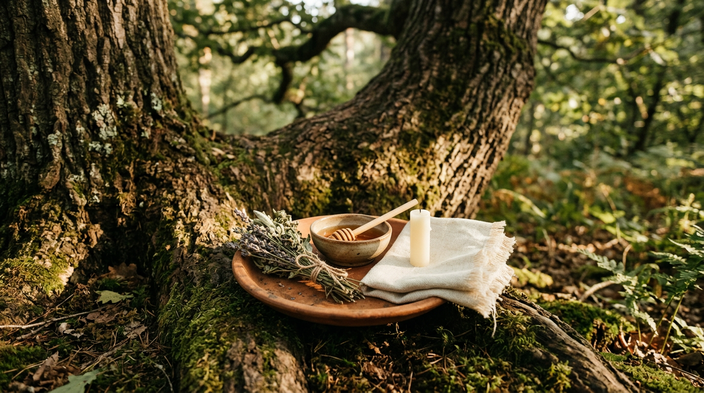 Terracotta plate with dried herbs, honey, and a white candle placed at the base of an ancient tree.