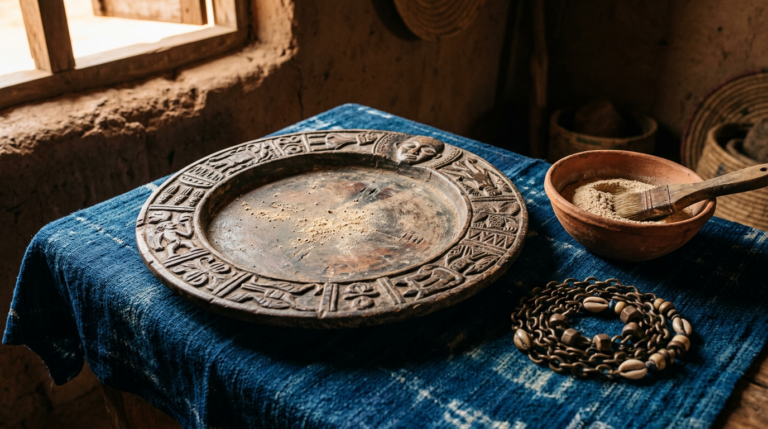 Opon Ifá tray, iyerosun powder in a clay bowl, and a coiled opele chain on indigo cloth.