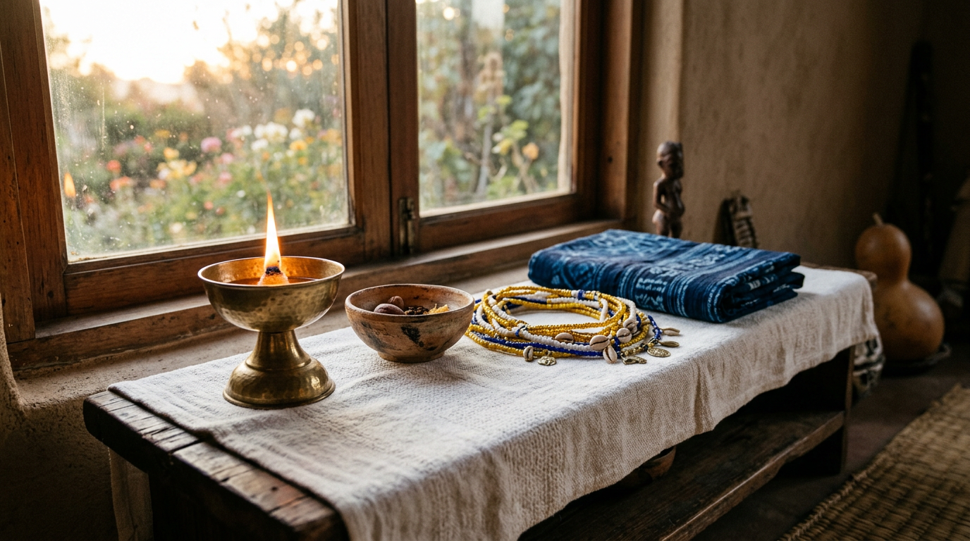 A small Yoruba devotional altar with a brass lamp, earthenware bowl, and beaded necklaces on a white cloth.