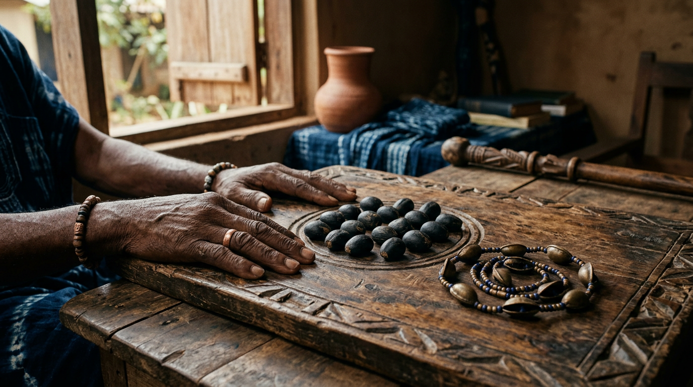 Sixteen ikin palm nuts and an ọ̀pẹ̀lẹ̀ divining chain arranged on a wooden surface.