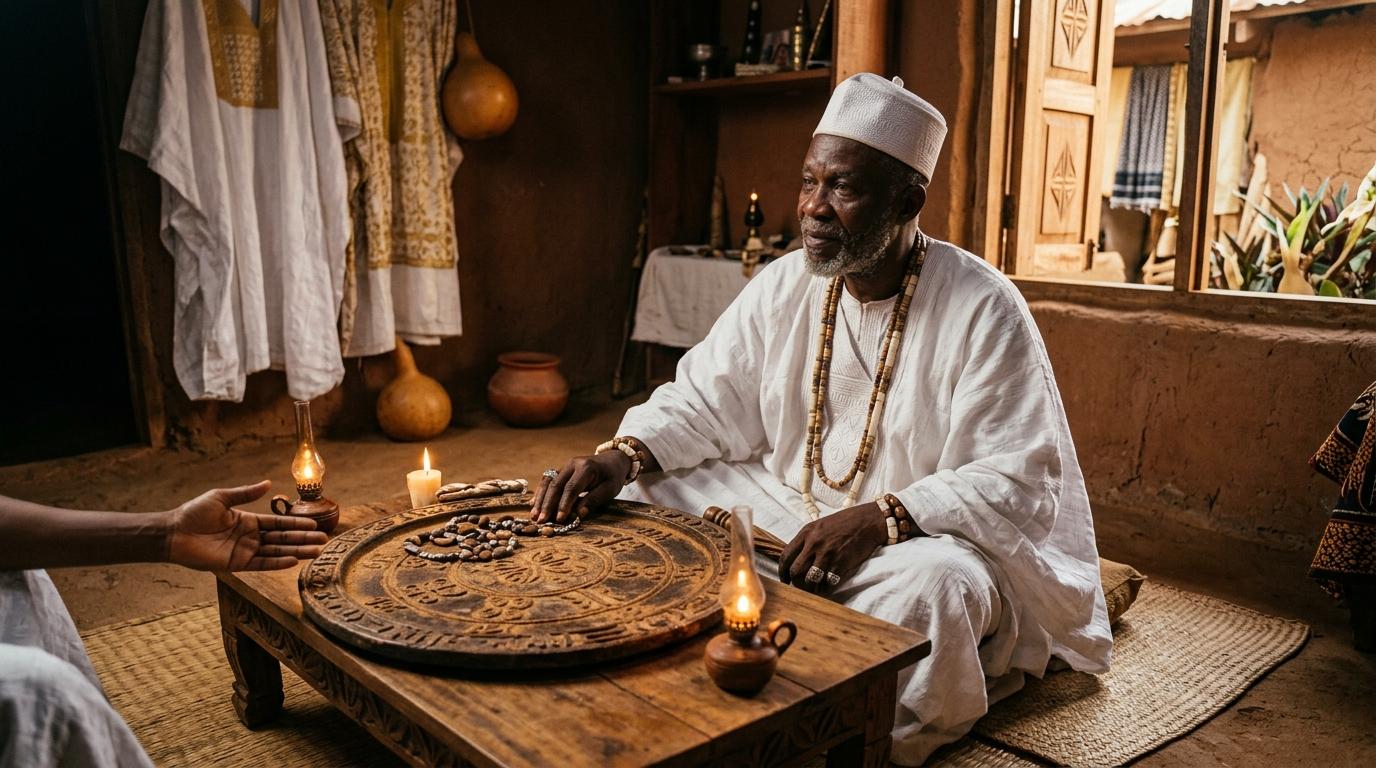 Babalawo in white attire seated at a low table with an Opon Ifá tray and Ọpẹlẹ chain.