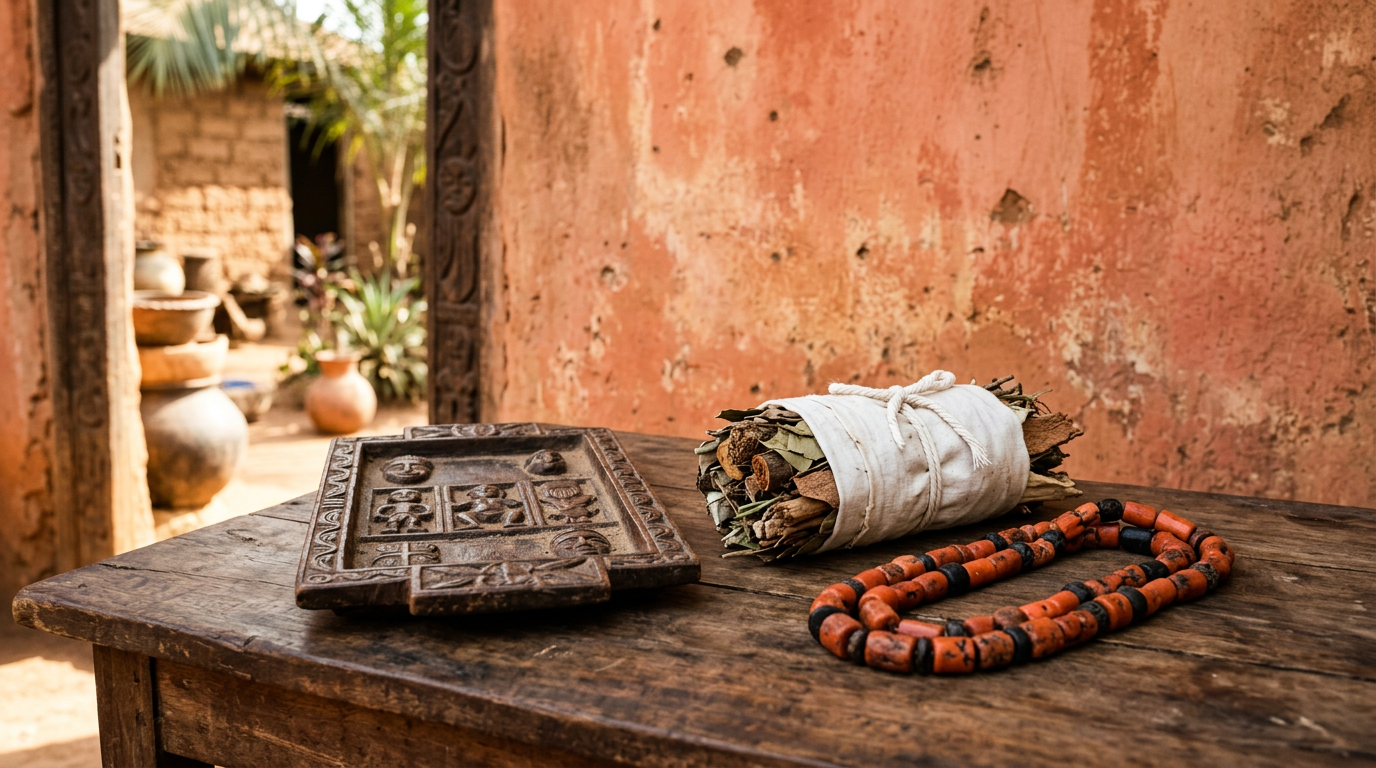 Opon Ifá tray, herb bundle, and coral bead strand arranged on wood in a sunlit courtyard.