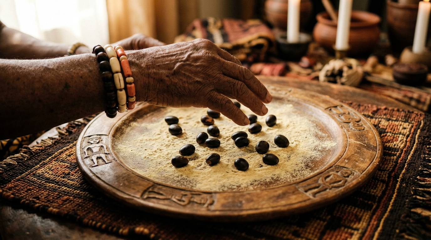 Weathered hands casting ikin palm nuts on a wooden divination tray dusted with iyerosun powder.