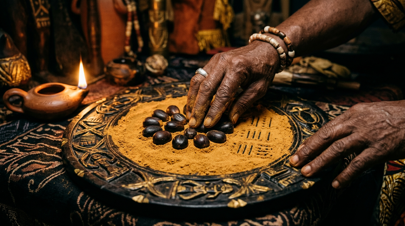 Close-up of hands tracing Ifá divination marks in iyerosun powder on a carved wooden tray.