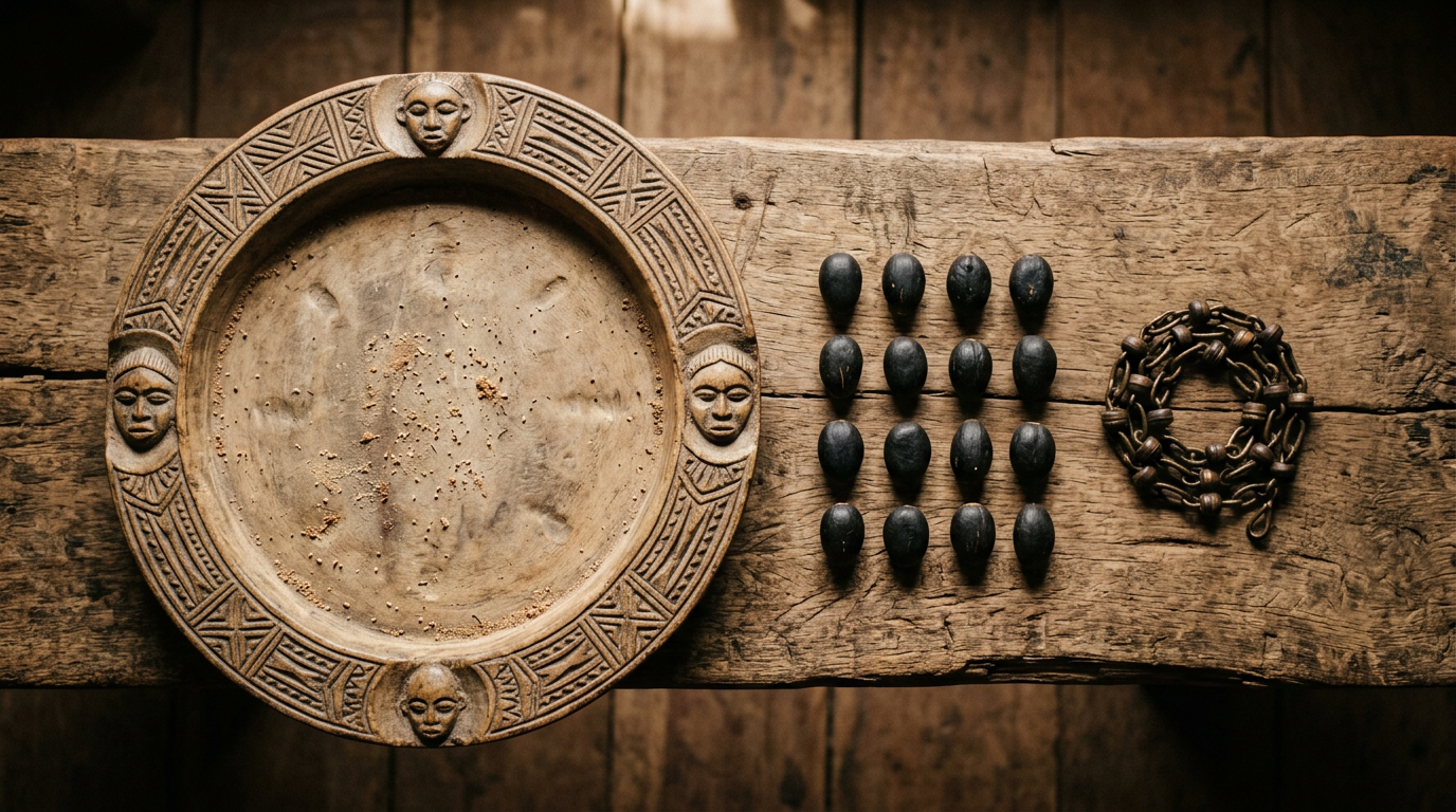 Opon Ifá tray with iyerosun powder, ikin palm nuts, and opele divining chain on wooden surface.