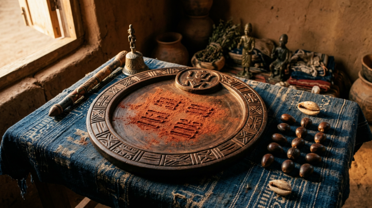Carved wooden Opon Ifá tray with iyerosun powder markings and ikin palm nuts on indigo cloth.