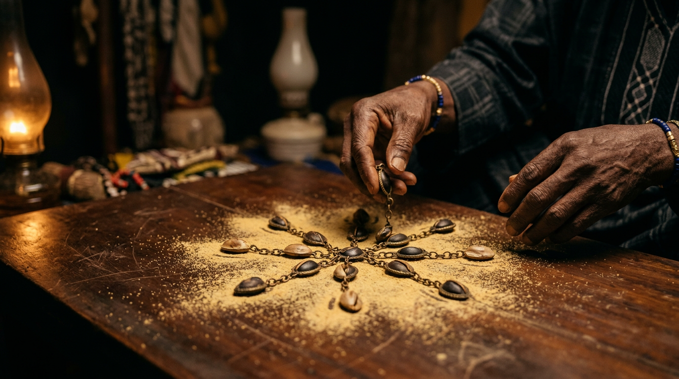 Babaláwo's hands casting an opele divining chain onto iyerosun-dusted wood.