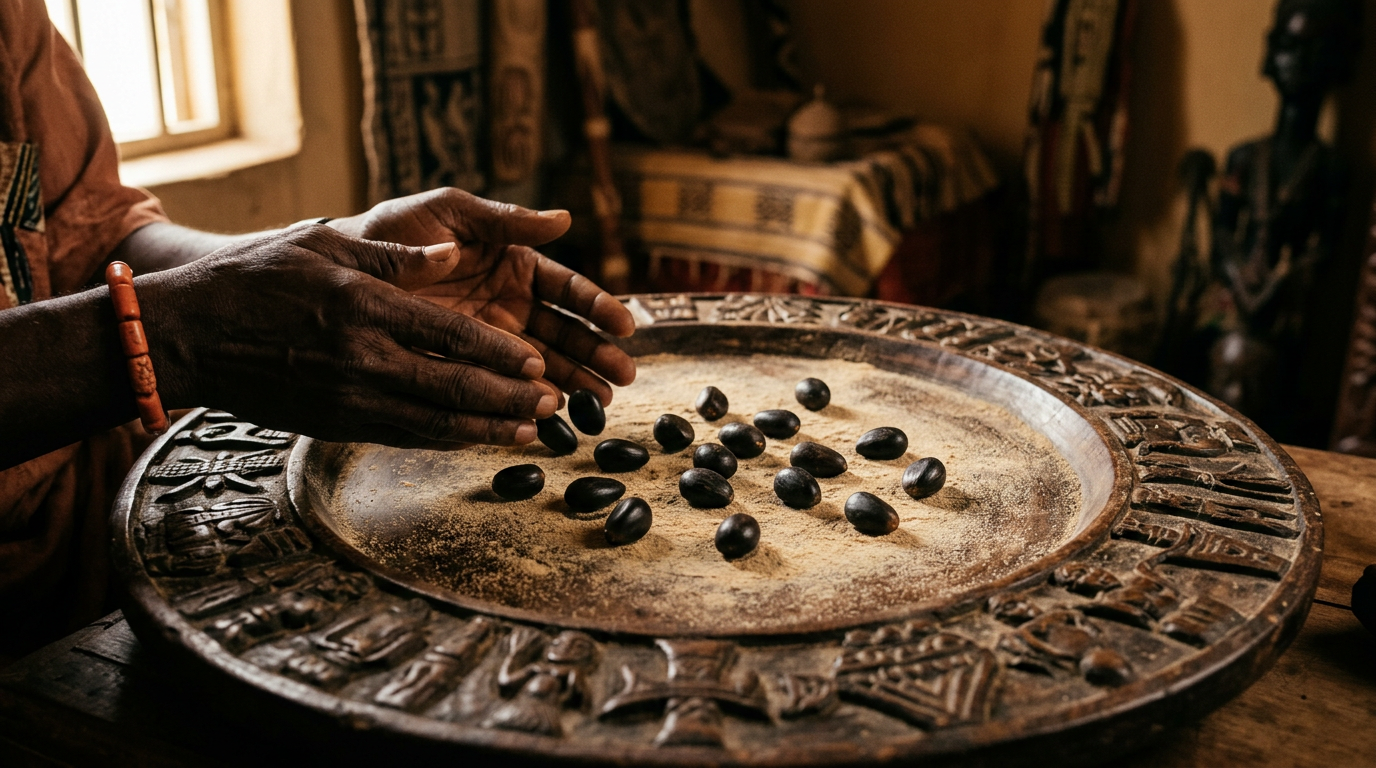 Hands casting ikin palm nuts onto an Opon Ifá tray dusted with iyerosun powder.