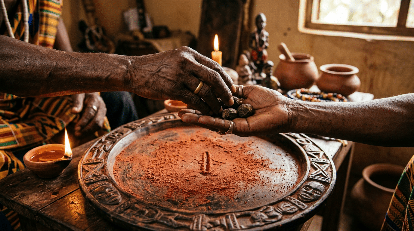 Two hands passing ikin palm nuts above an Opon Ifá tray dusted with red iyerosun powder.