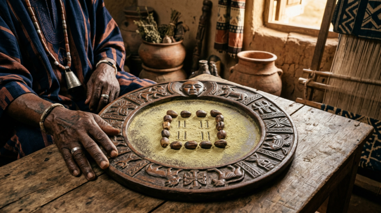 Carved Opon Ifá tray with ikin palm nuts and Iyerosun powder on a wooden surface.