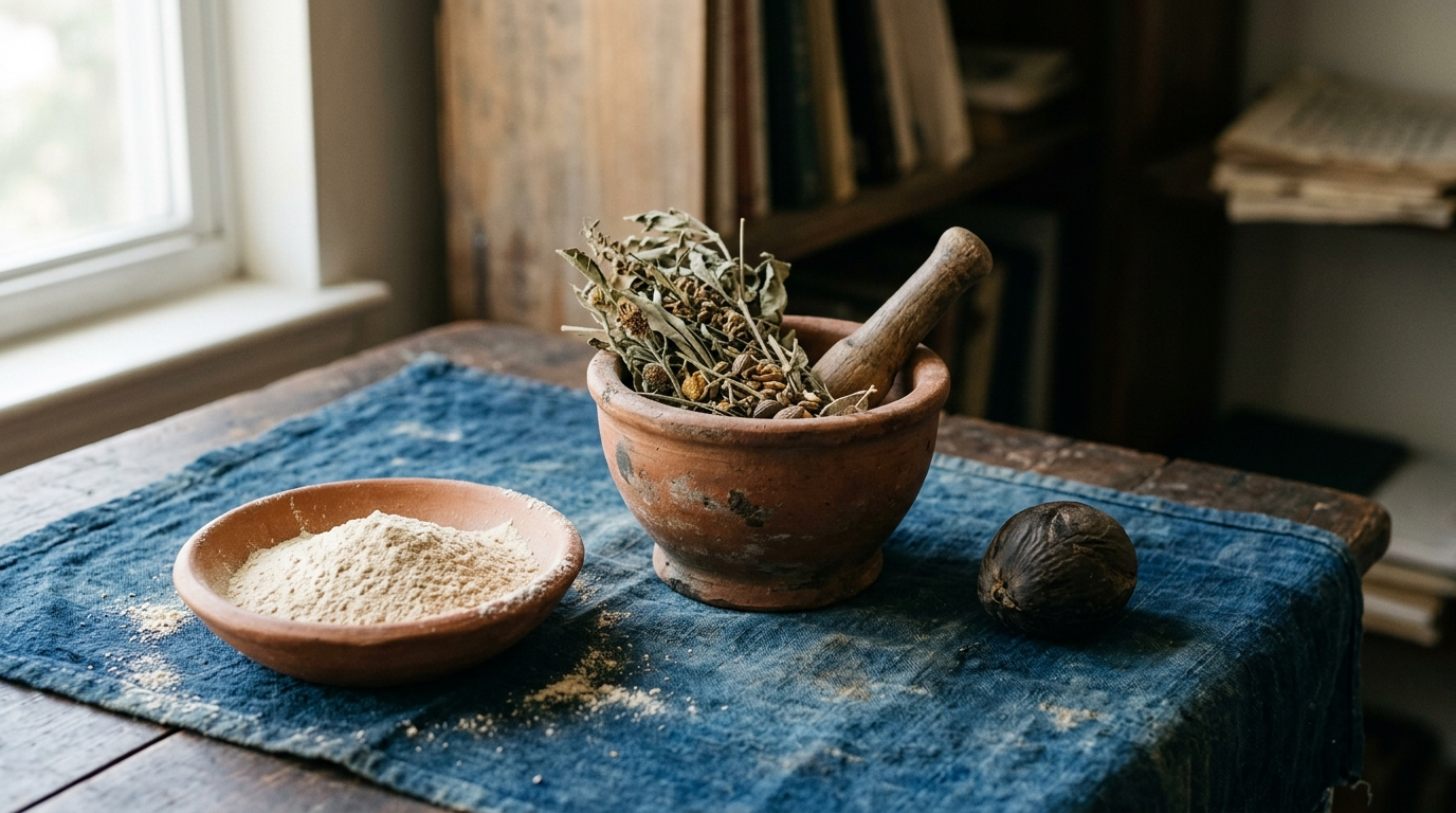 Dried herbs, terracotta bowl of powder, and a palm nut arranged on indigo cloth.