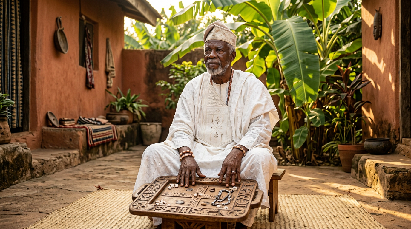 Elder in white agbada seated with an Opon Ifá tray in a sunlit Yorùbá compound courtyard.