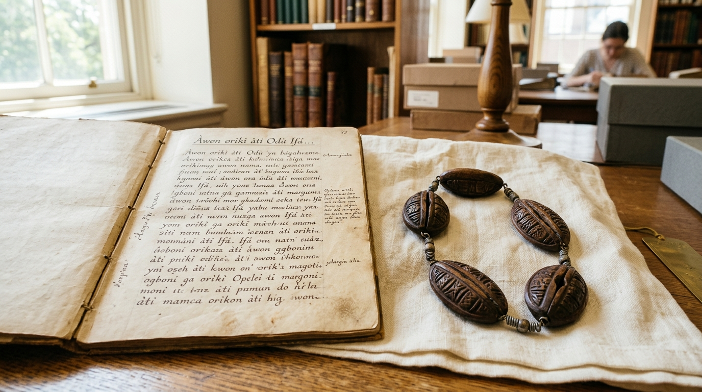 Handwritten manuscript page beside a carved wooden opele chain on ivory cloth.