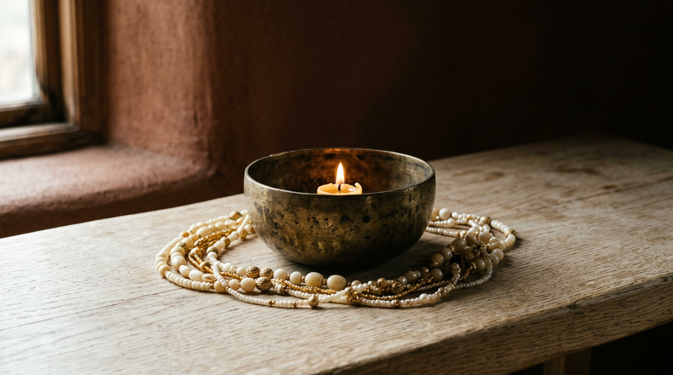 Brass bowl with a small flame surrounded by white and gold beaded necklaces on pale wood.