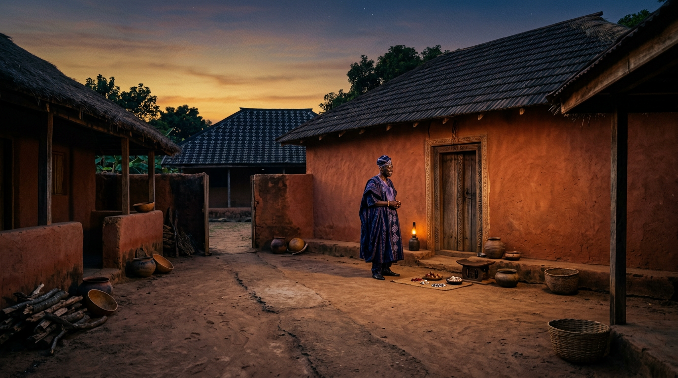 Yorùbá compound courtyard at dusk with a figure in white agbada standing near a terracotta wall.