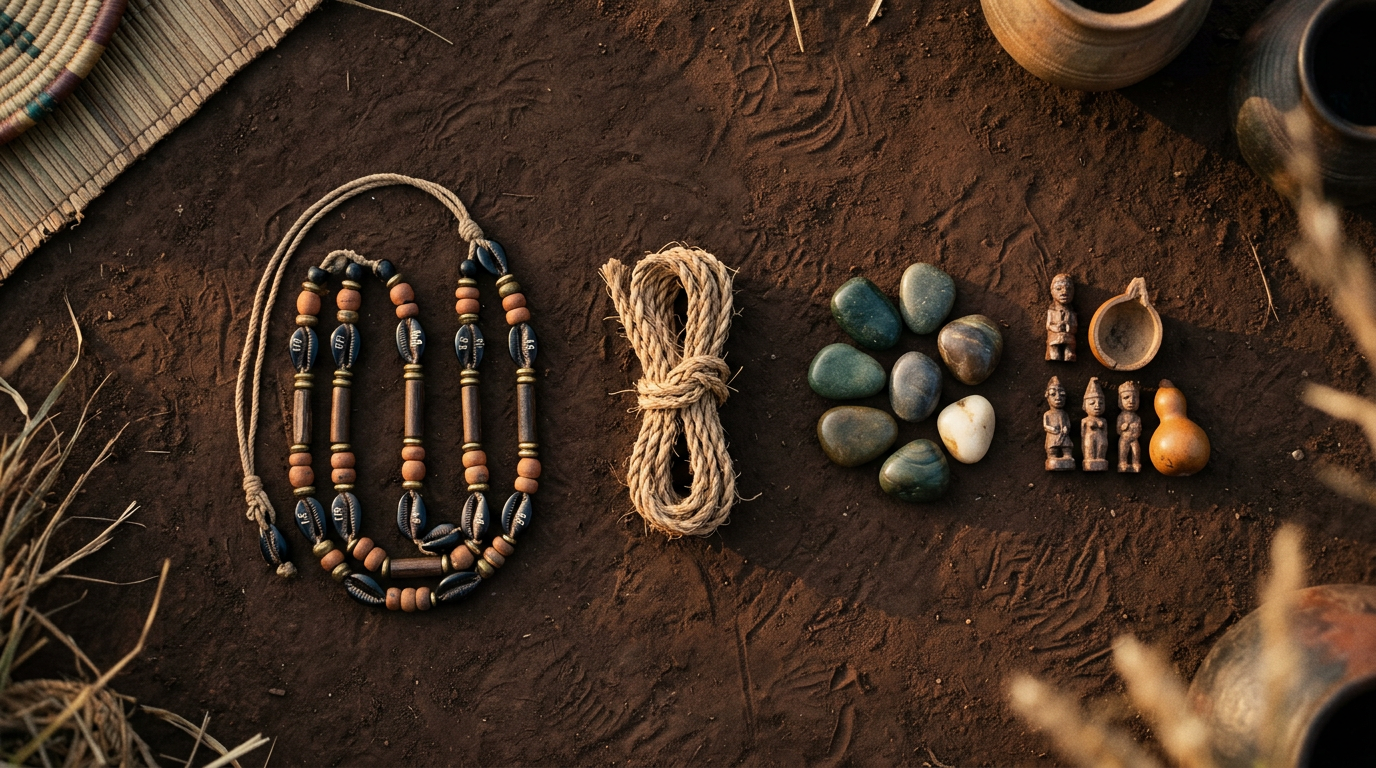 Three West African divination objects laid side by side on smooth earth in warm afternoon light.