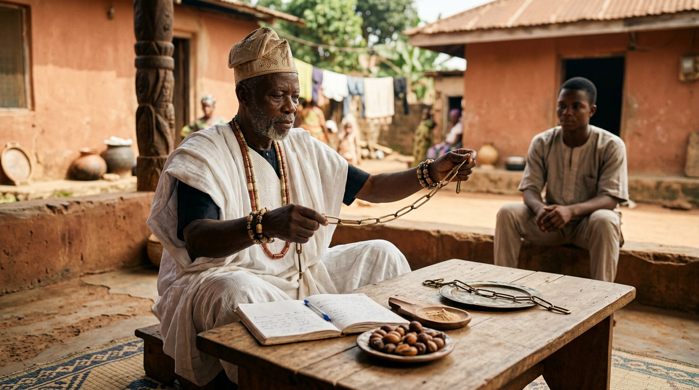 An elder Babaláwo casting an Opele divination chain at a wooden table with a younger person seated across from him.