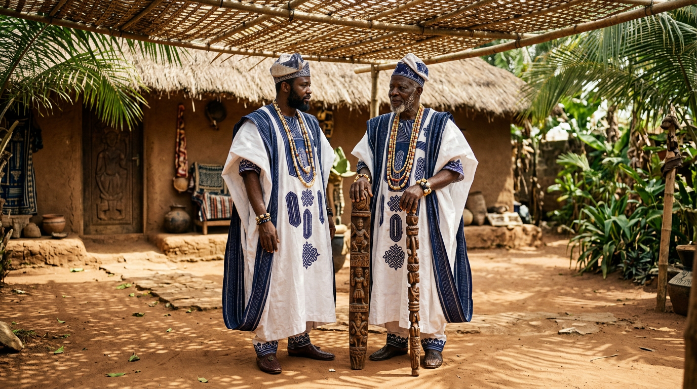 Two Babaláwo in traditional agbada conversing in a sunlit courtyard, one holding a carved ceremonial staff.