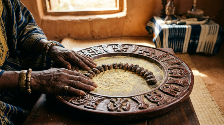 Weathered hands resting on a carved Opon Ifá tray with ikin palm nuts and iyerosun powder.