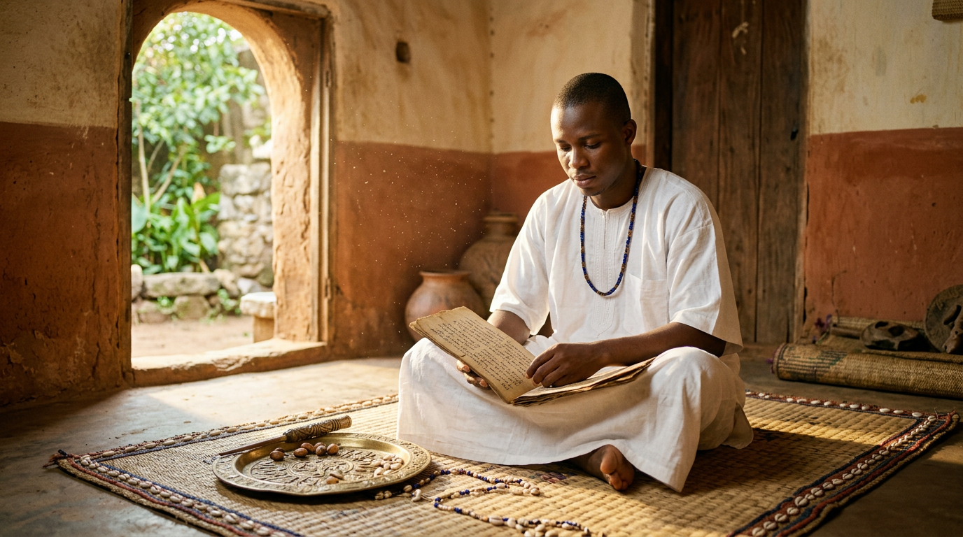 A newly initiated Awo seated on a woven mat studying an open manuscript beside a brass divination tray in morning light.
