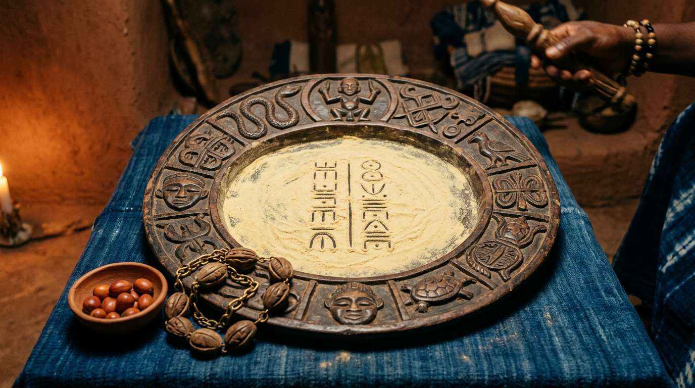 Carved Opon Ifá tray with iyerosun powder markings, an Opele chain, and ikin palm nuts on a ceremonial surface.