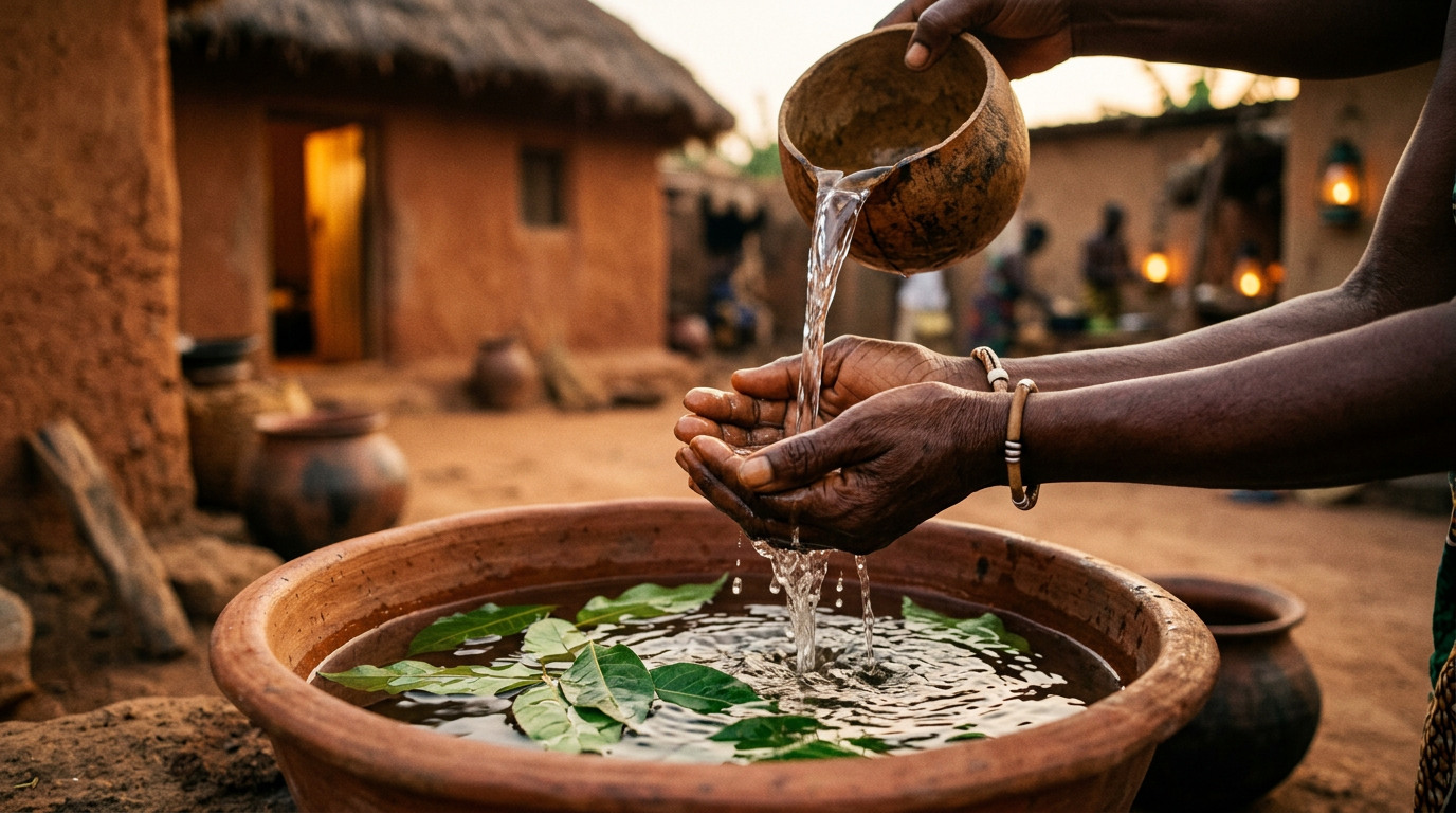 Cupped hands guiding water from a calabash into a clay vessel with floating green leaves.