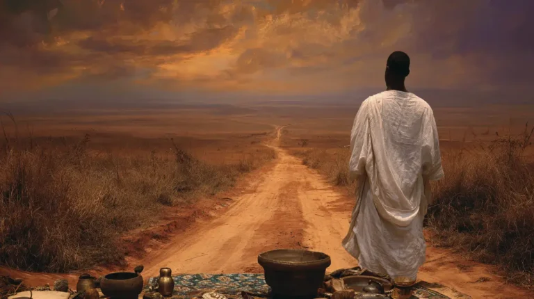 Otura Okanran guidance July 13 2026 — lone figure at dawn crossroads where two paths meet one faithful road, iron staffs at the junction, golden light breaking ahead — Ifá Weekly Guidance