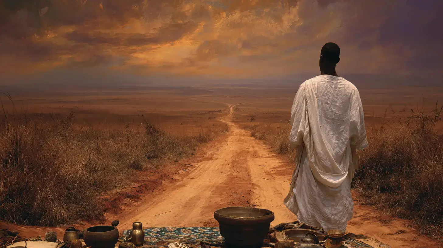 Otura Okanran guidance July 13 2026 — lone figure at dawn crossroads where two paths meet one faithful road, iron staffs at the junction, golden light breaking ahead — Ifá Weekly Guidance