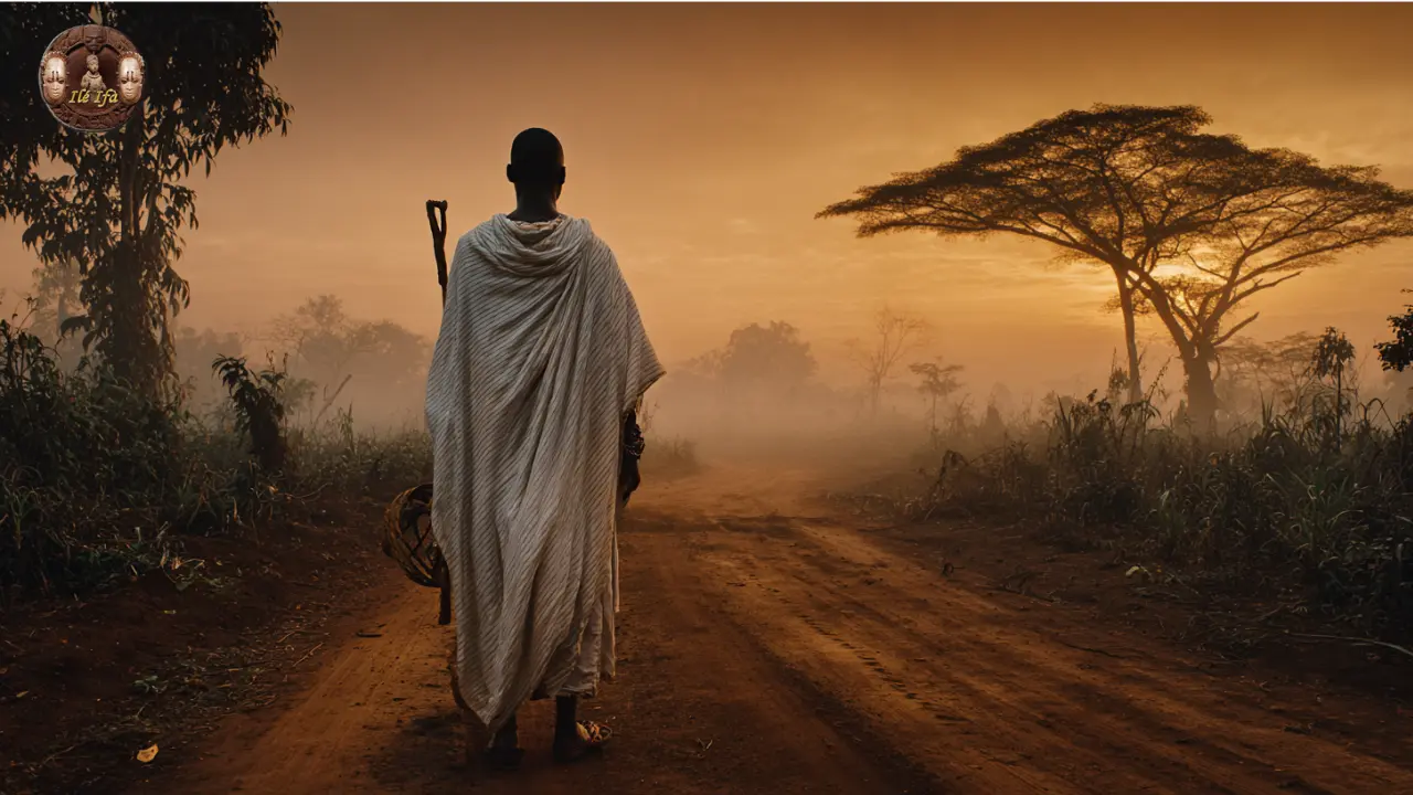 Otura Ogbe guidance July 20 2026 — lone figure facing the golden horizon, offerings at the roadside, Ifá Weekly Guidance