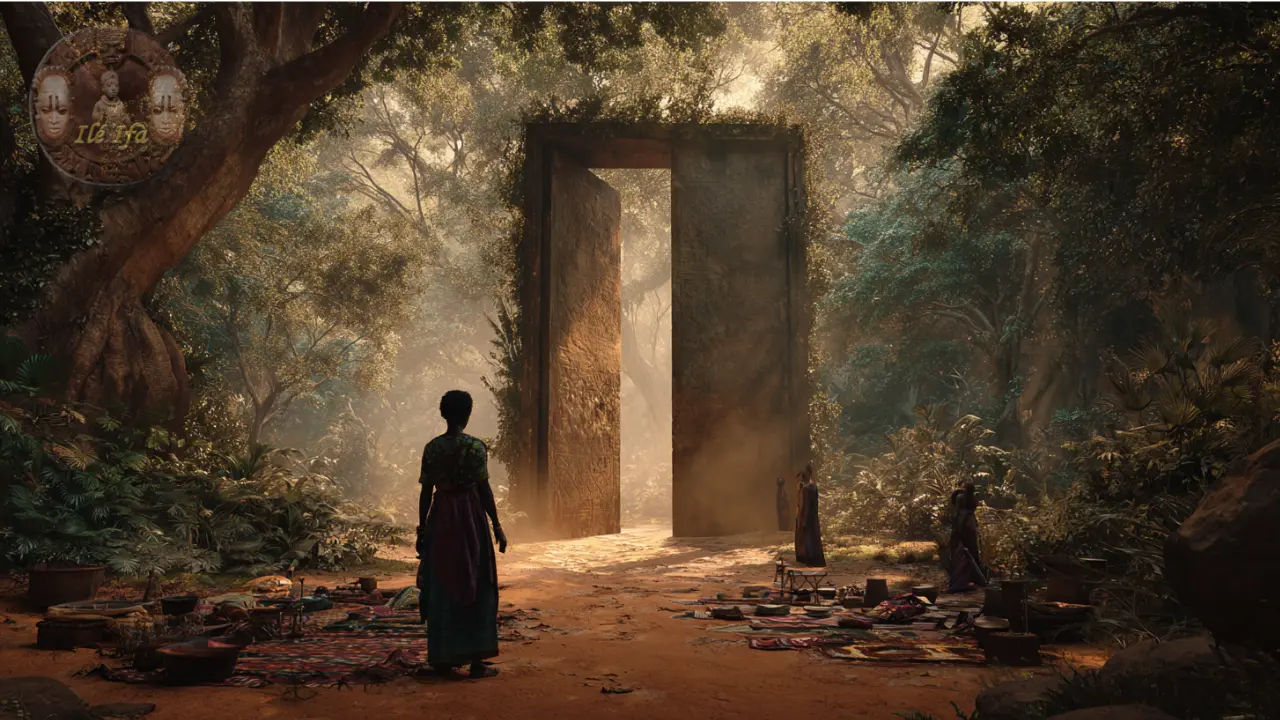 Ofun Ogunda guidance July 24 2026 — lone figure at forest threshold, iron offerings at tree roots, golden light breaking through — Ifá Weekly Guidance