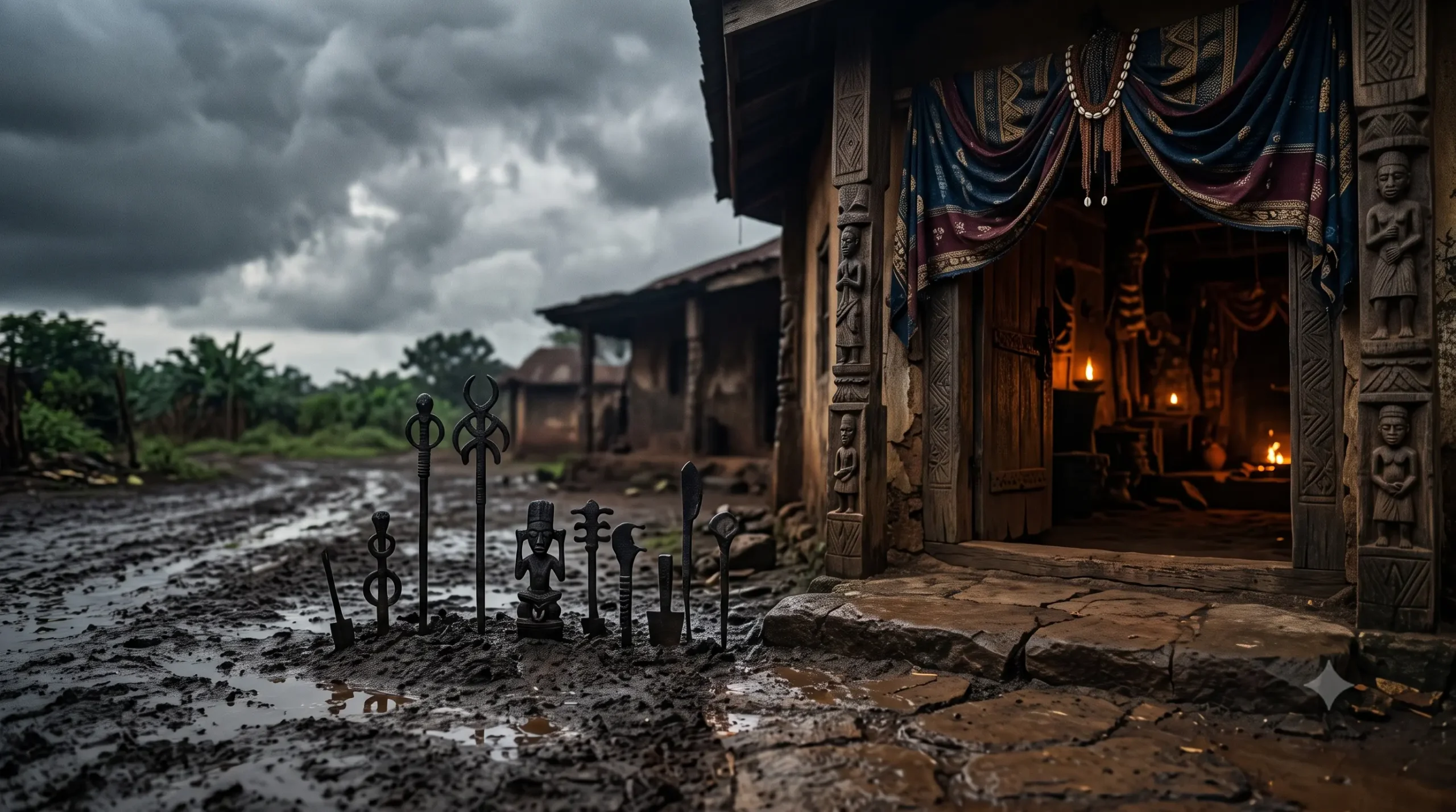 Osa Obara guidance July 30 2026 — iron ritual objects at sacred crossroads between storm light and palace shadow, two worlds in tension, Ifá Weekly Guidance