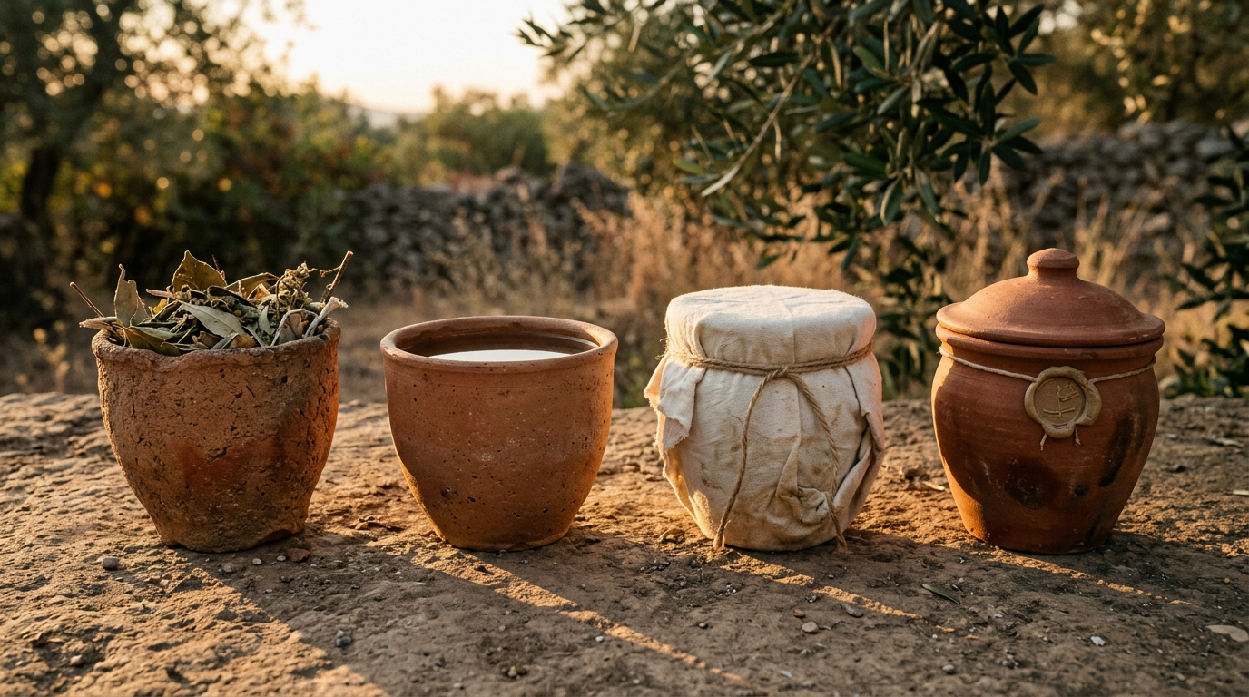 Four terracotta ritual vessels on packed earth, each holding leaves, water, white cloth, or sealed.