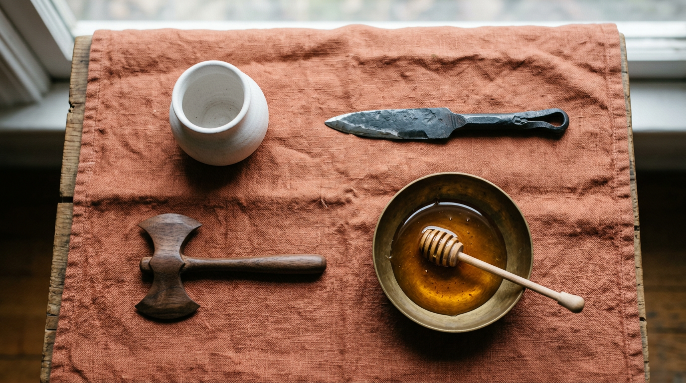 Yoruba ritual objects — white vessel, iron tool, brass honey bowl, and carved axe form — arranged on terracotta cloth.