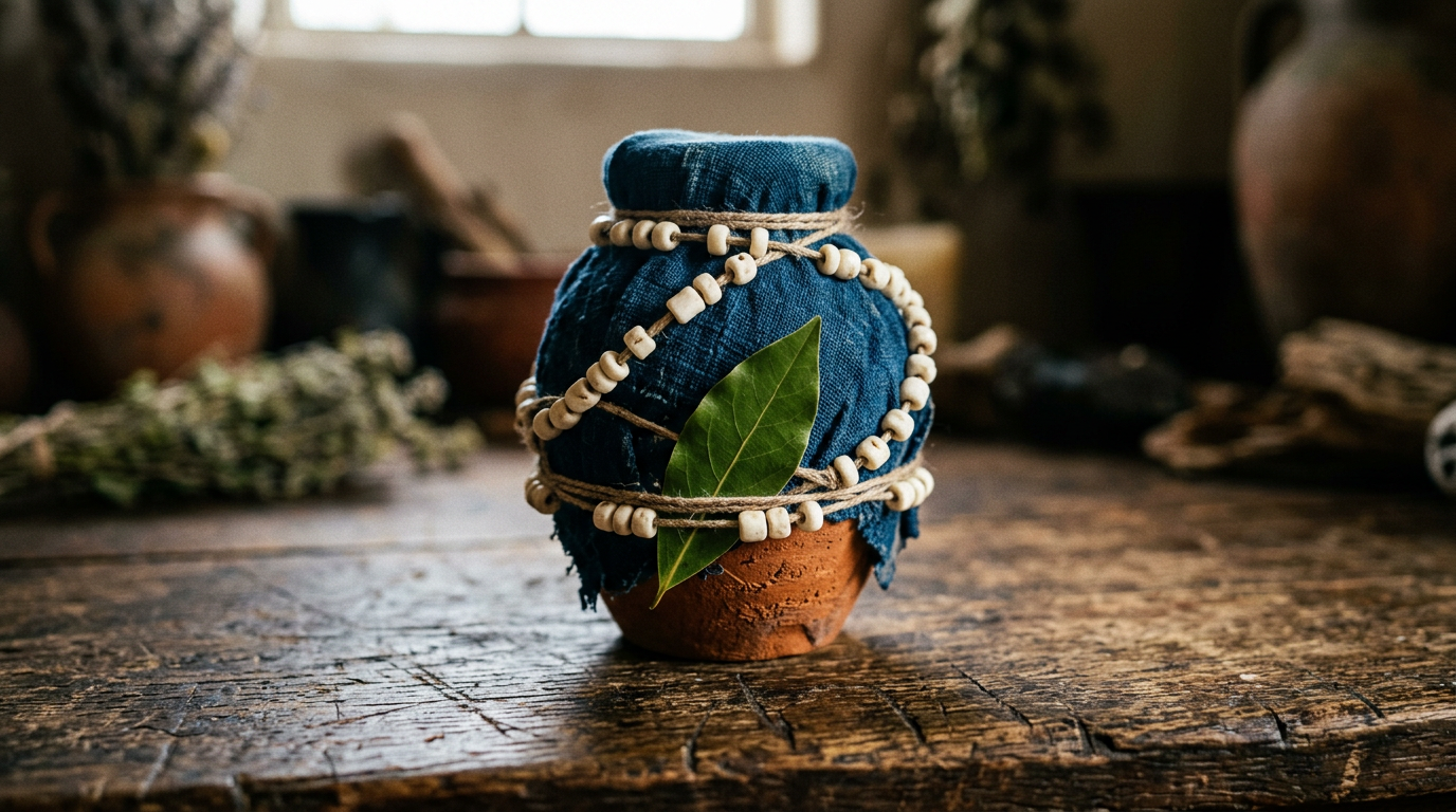 Sealed terracotta vessel wrapped in indigo cloth and ivory beads on a weathered wooden surface.