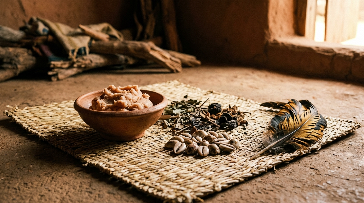 Clay bowl of mashed yam, dried herbs, and cowrie shells arranged on a woven grass mat.