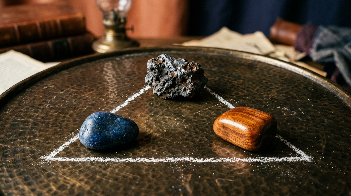 Iron ore, blue river stone, and hardwood arranged in a triangle on a brass surface with chalk lines.