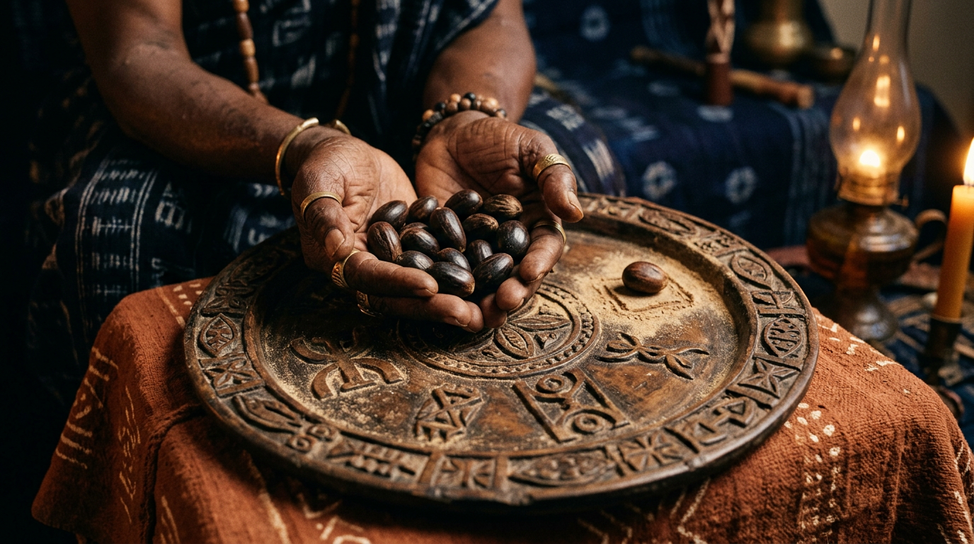 Babaláwo's hands holding ikin palm nuts above a carved Opon Ifá tray in warm candlelight.