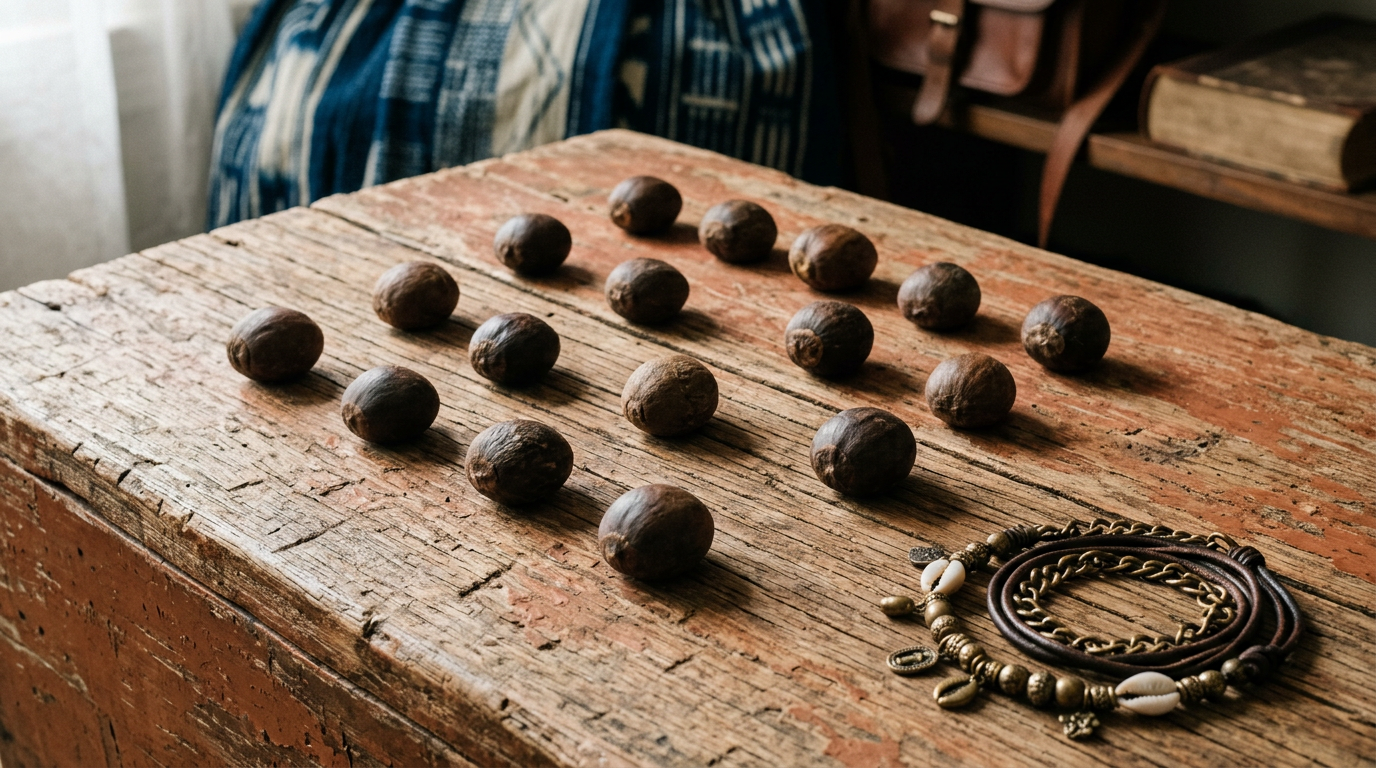 Sixteen ikin palm nuts in a grid formation on weathered wood beside a coiled opele chain.