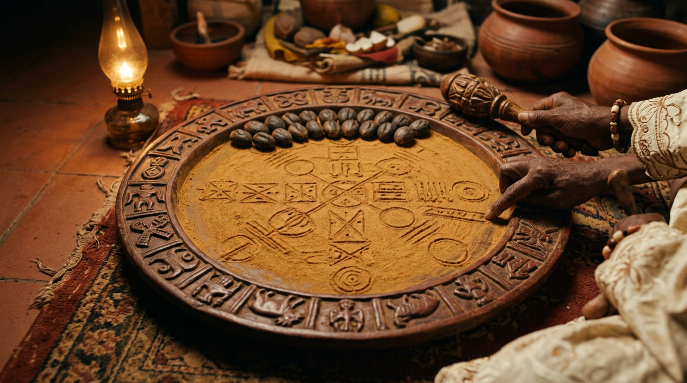 Opon Ifá tray dusted with iyerosun powder and marked with divination patterns, ikin nuts along the edge.