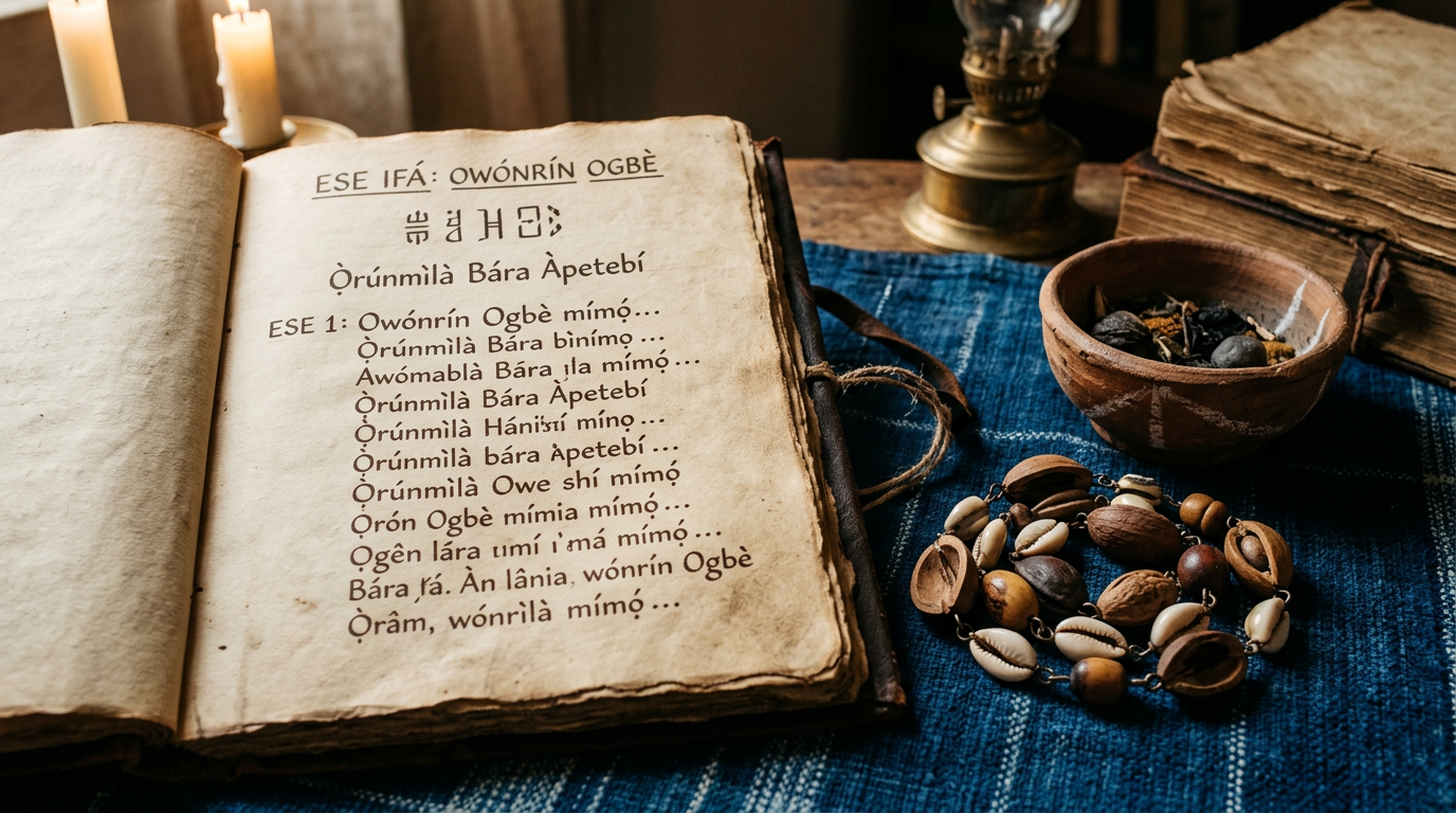 Handwritten Ifá verses on manuscript paper beside a clay vessel and ọ̀pẹ̀lẹ̀ chain on indigo cloth.