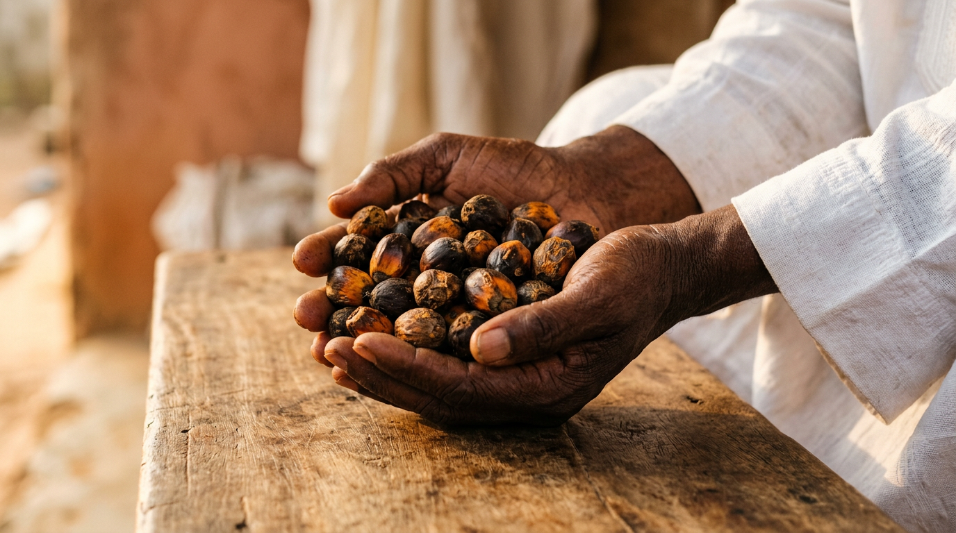 Hands cupping ikin palm nuts over a wooden surface in warm golden light.